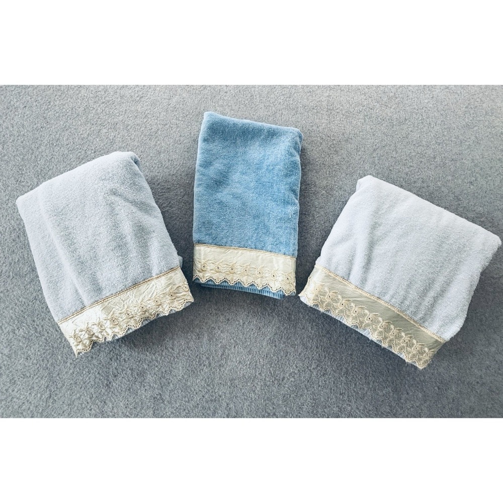 Vintage 3 pc Marlborough Blue Bath & Hand Towel Lace Cottagecore Shabby Chic